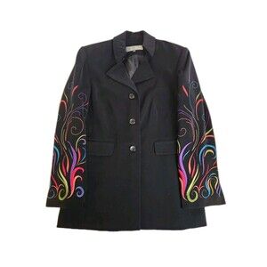 Travis Ayers Womens Embroidered Black Suit Jacket 10 Vintage Rainbow Scrolls